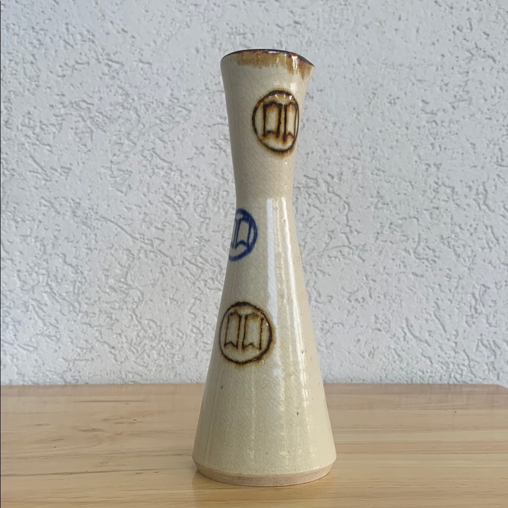 Ceramic vase with spout cream brown and blue accents crazed hand thrown piece